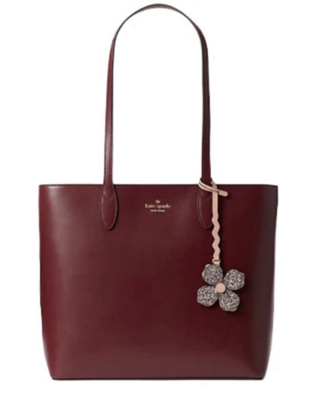 Kate Spade Kerri Medium Tote Bag Burgundy Leather with Glitter Flower Charm